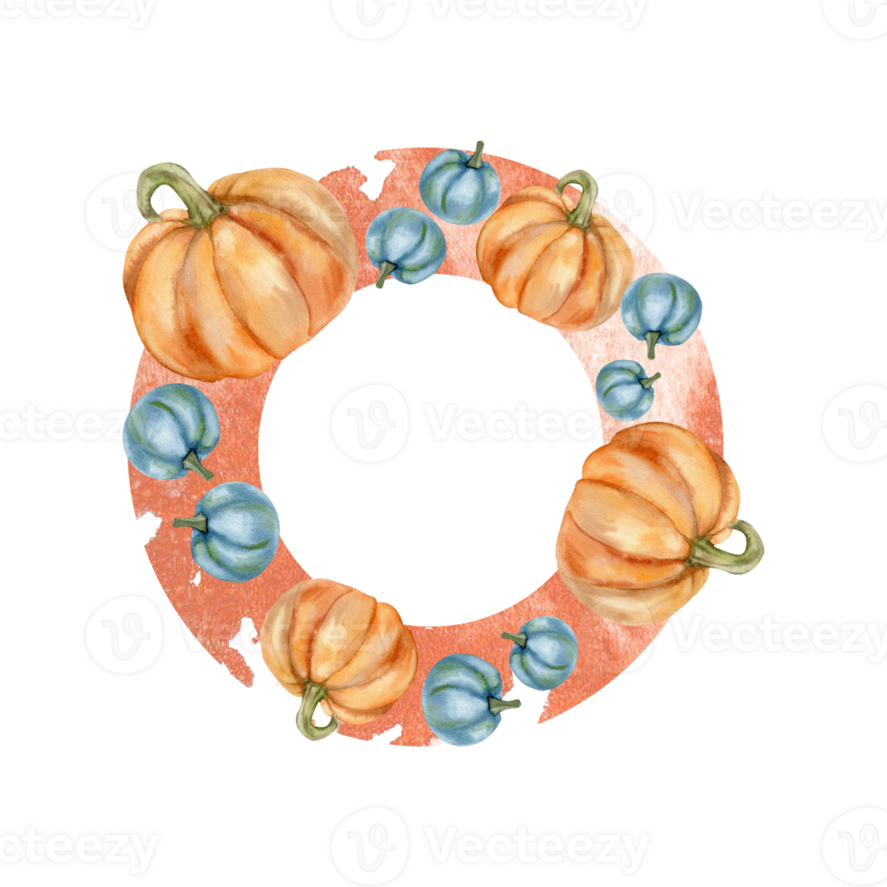 Autumn season watercolor wreath with orange and blue pumpkins illustration. Hand drawn round frame template with harvest and thanksgiving elements for card, poster, scrapbooking design png