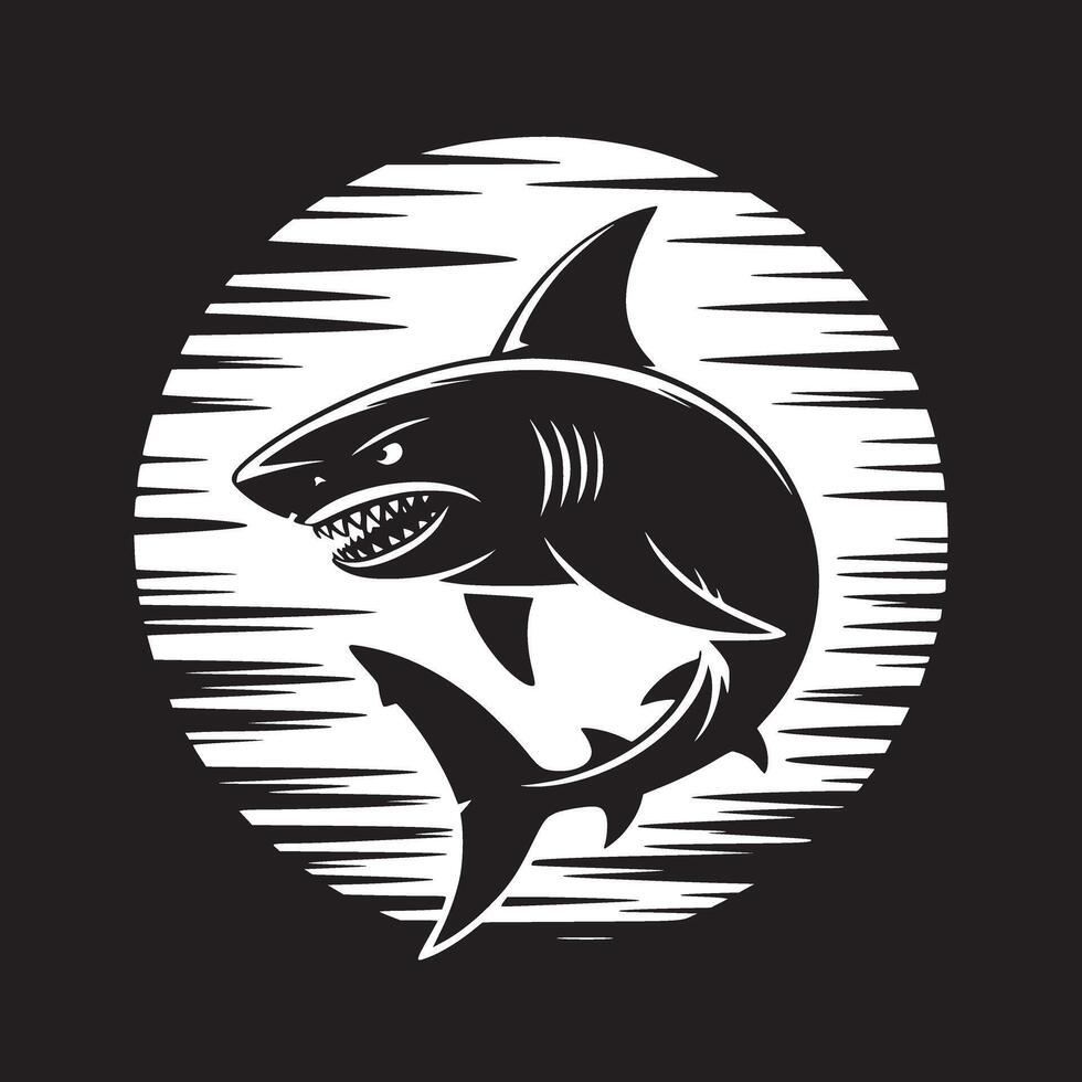 A black and white illustration of a shark with an open mouth against a striped background circle vector