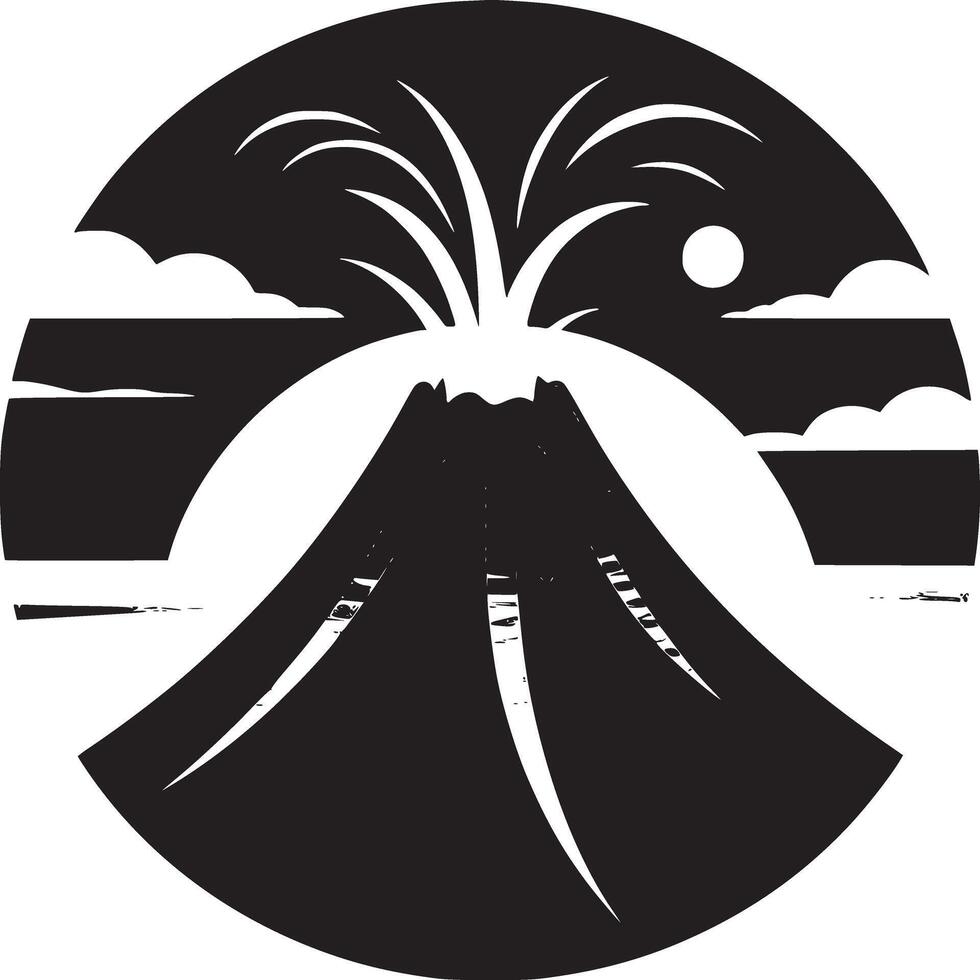 A stylized volcano erupting with lava against a sunset background in a circular composition vector