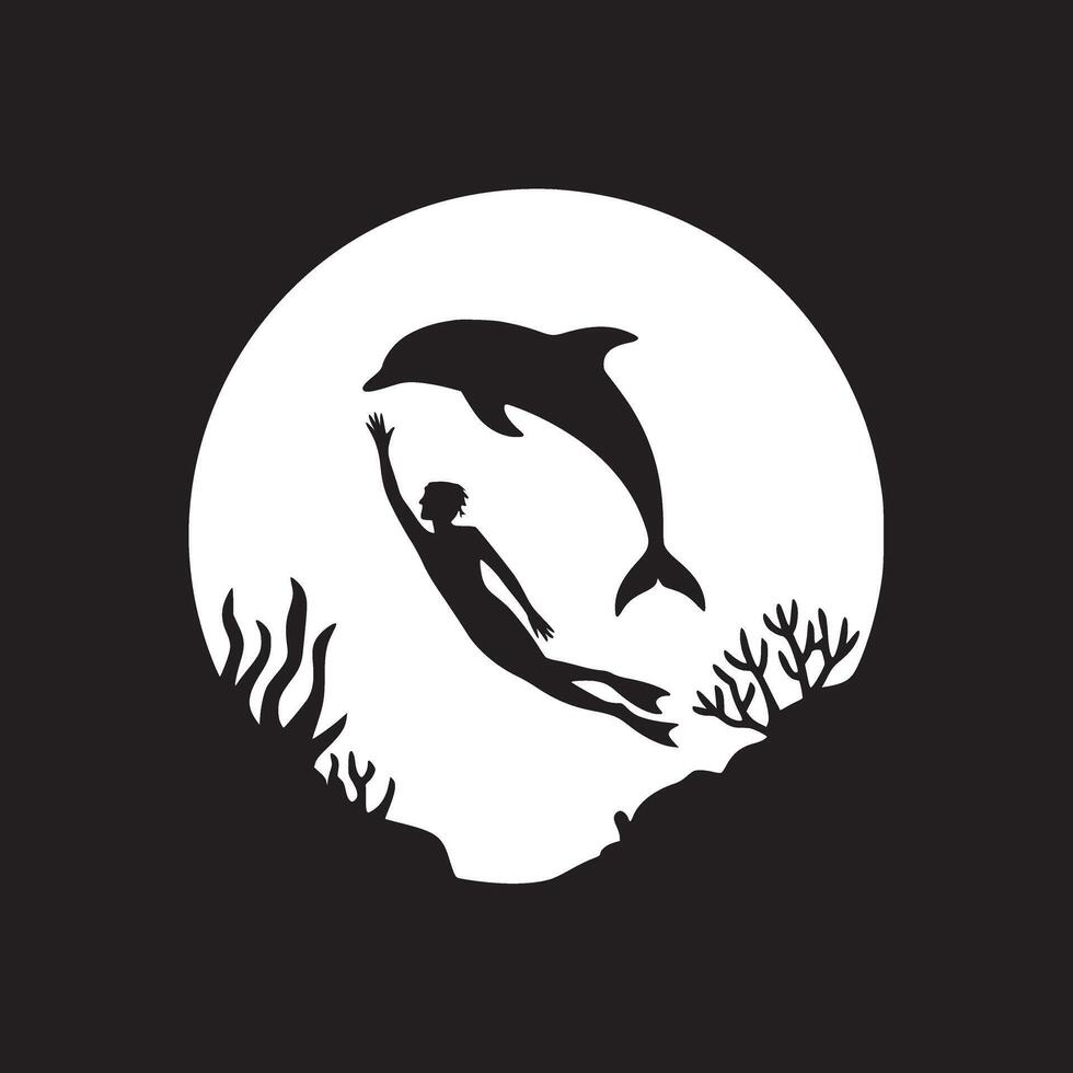 Silhouette of swimmer reaching for dolphin against a white circle with coral and seaweed vector