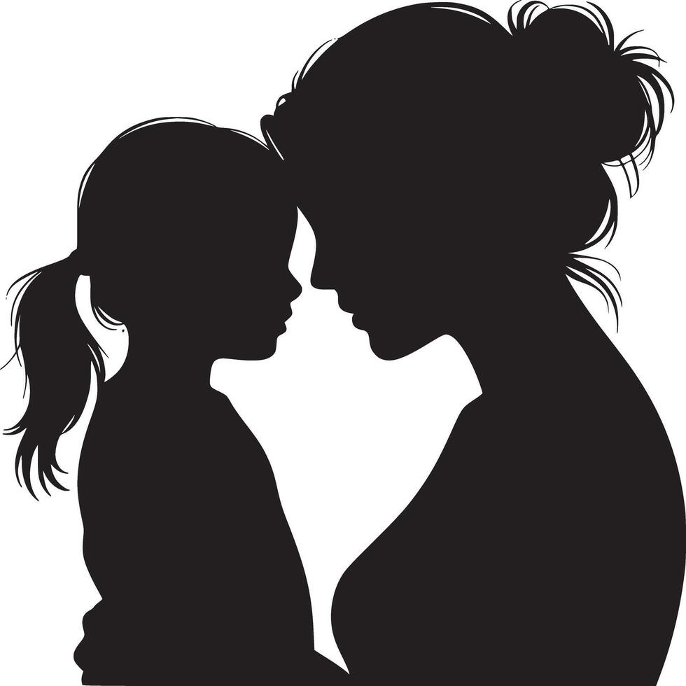 Silhouette of mother and daughter embracing with foreheads touching in black and white image art vector