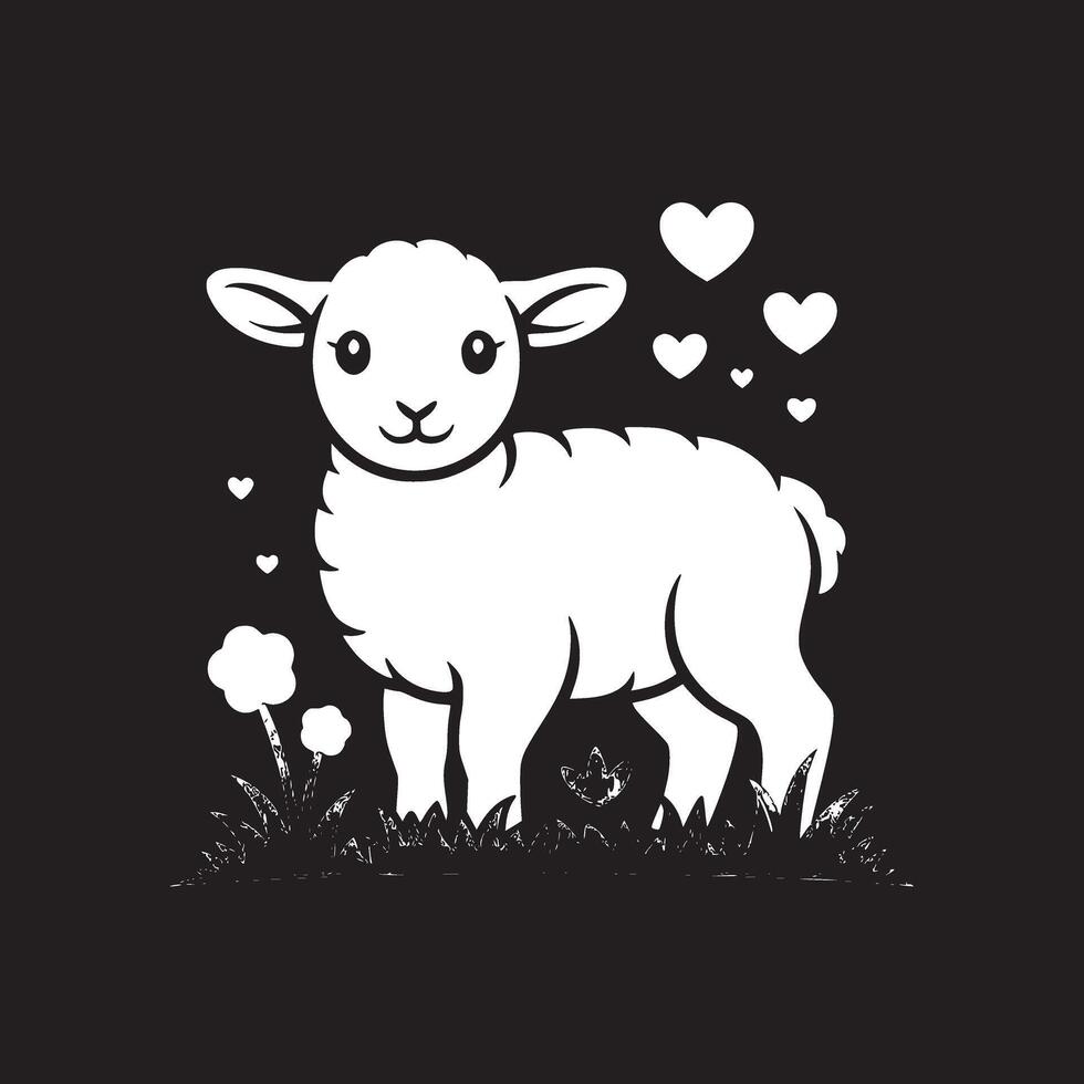 A cartoon lamb standing in grass with flowers and hearts on a black background illustration vector