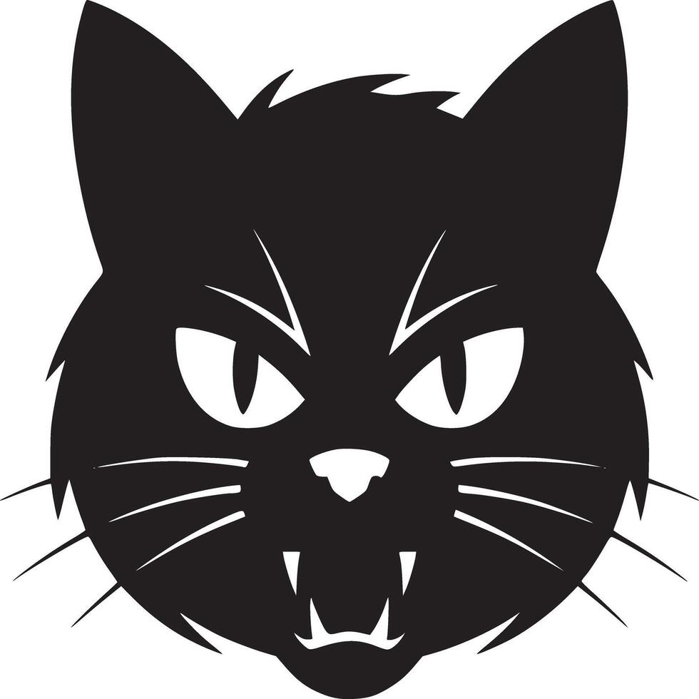A black cat head with white eyes and whiskers on a white background showing teeth and angry eyes vector