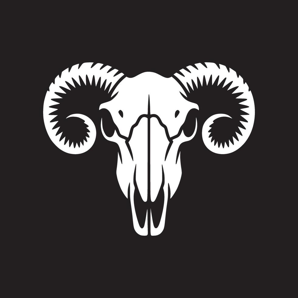 A stark white ram skull with spiraling horns set against a solid black background in high contrast vector