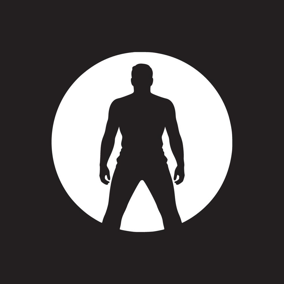 A silhouette of a muscular man standing against a bright circular light on a black background vector