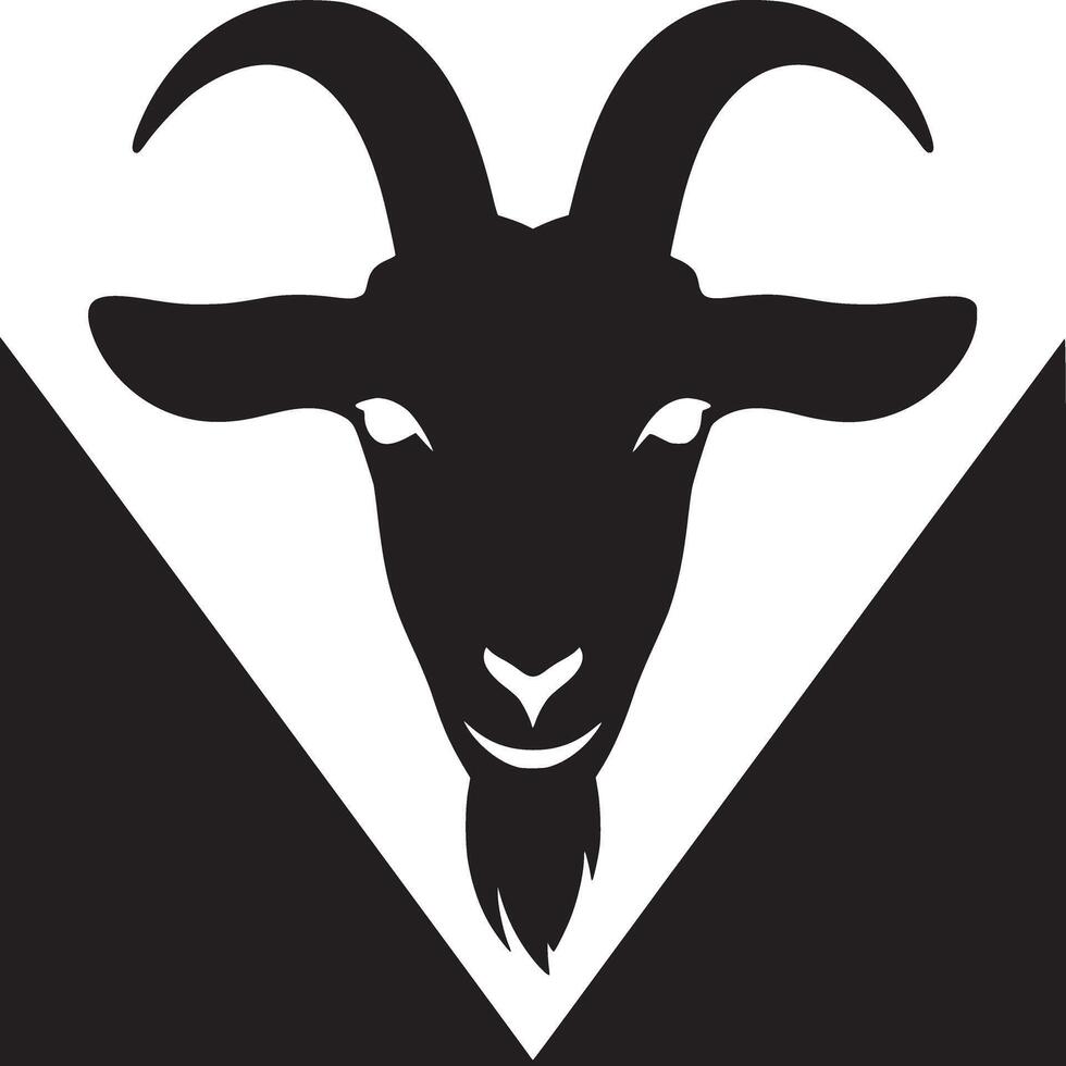 A black and white graphic illustration of a goat head with horns and a beard on a triangle background vector