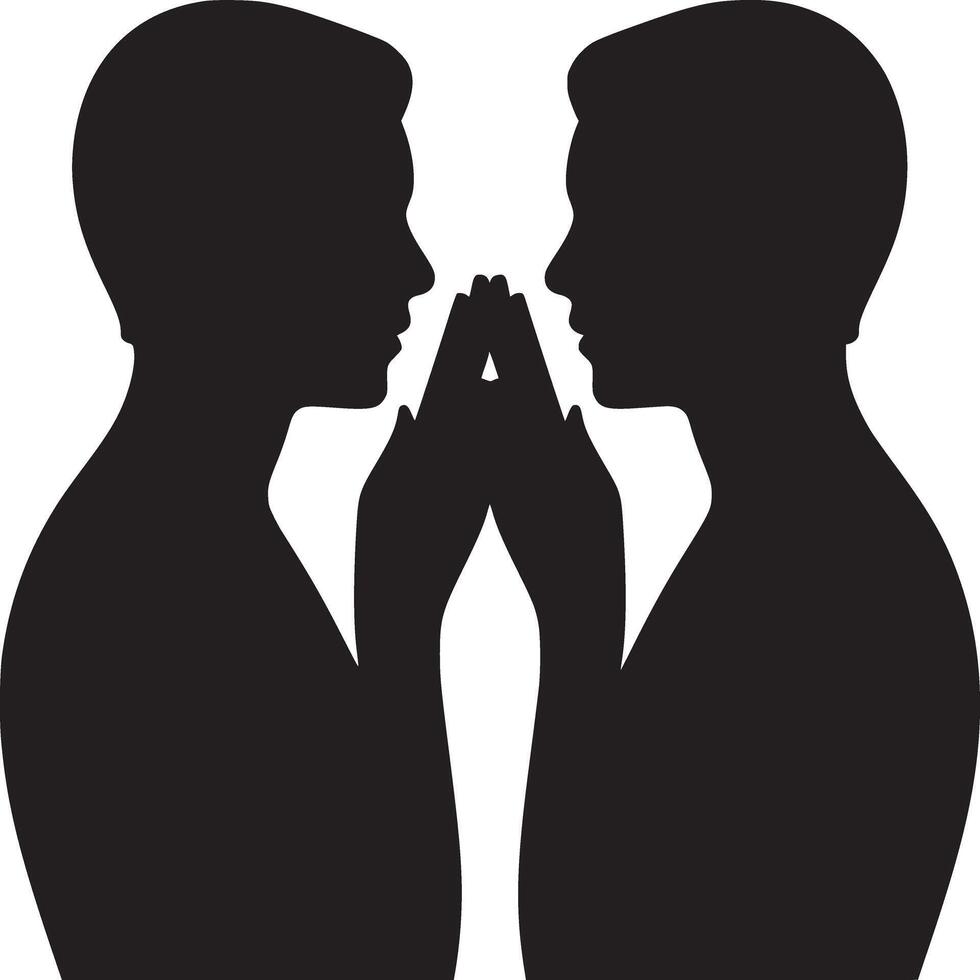 Two silhouetted figures facing each other with hands touching in a symmetrical composition art vector