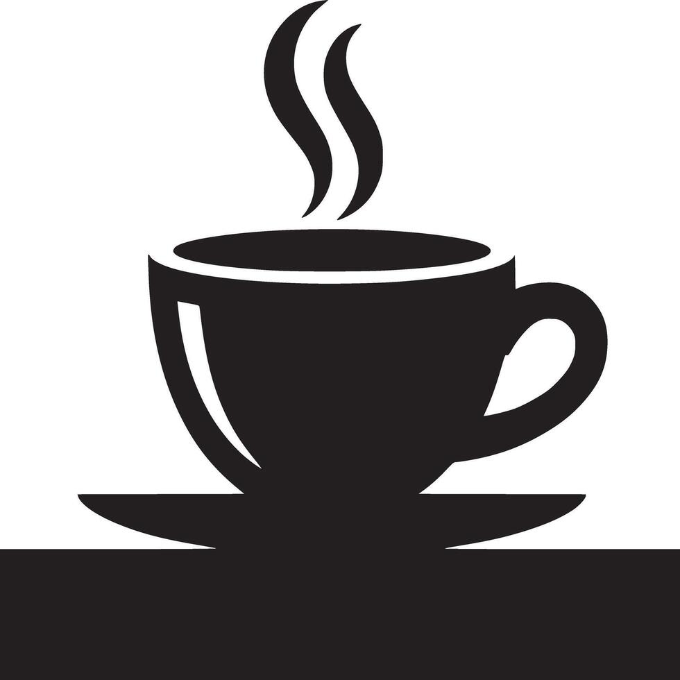 A black silhouette of a coffee cup with steam on a saucer against a white background and black foreground vector