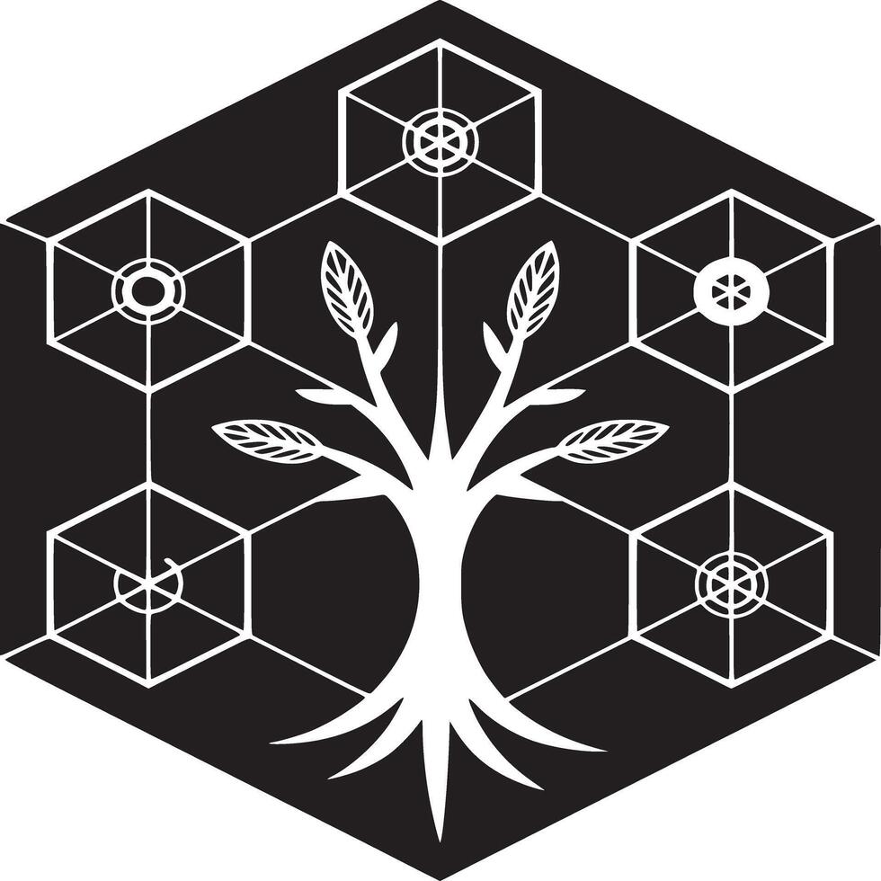 A geometric tree illustration with hexagons on a black background in a minimalist style vector