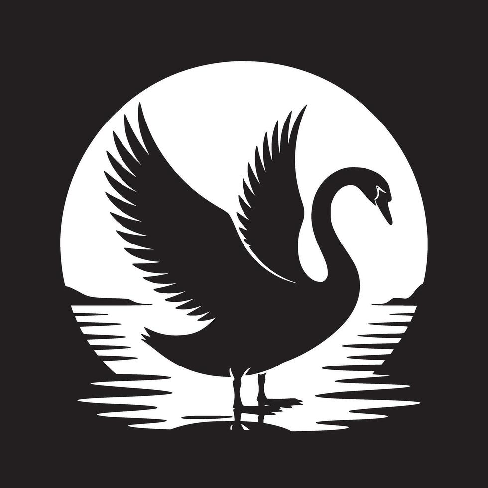 A black and white graphic of a swan with its wings spread against a circular background design vector