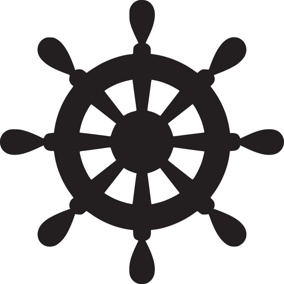 A graphic illustration of a black ship's wheel on a white background in a simple style vector