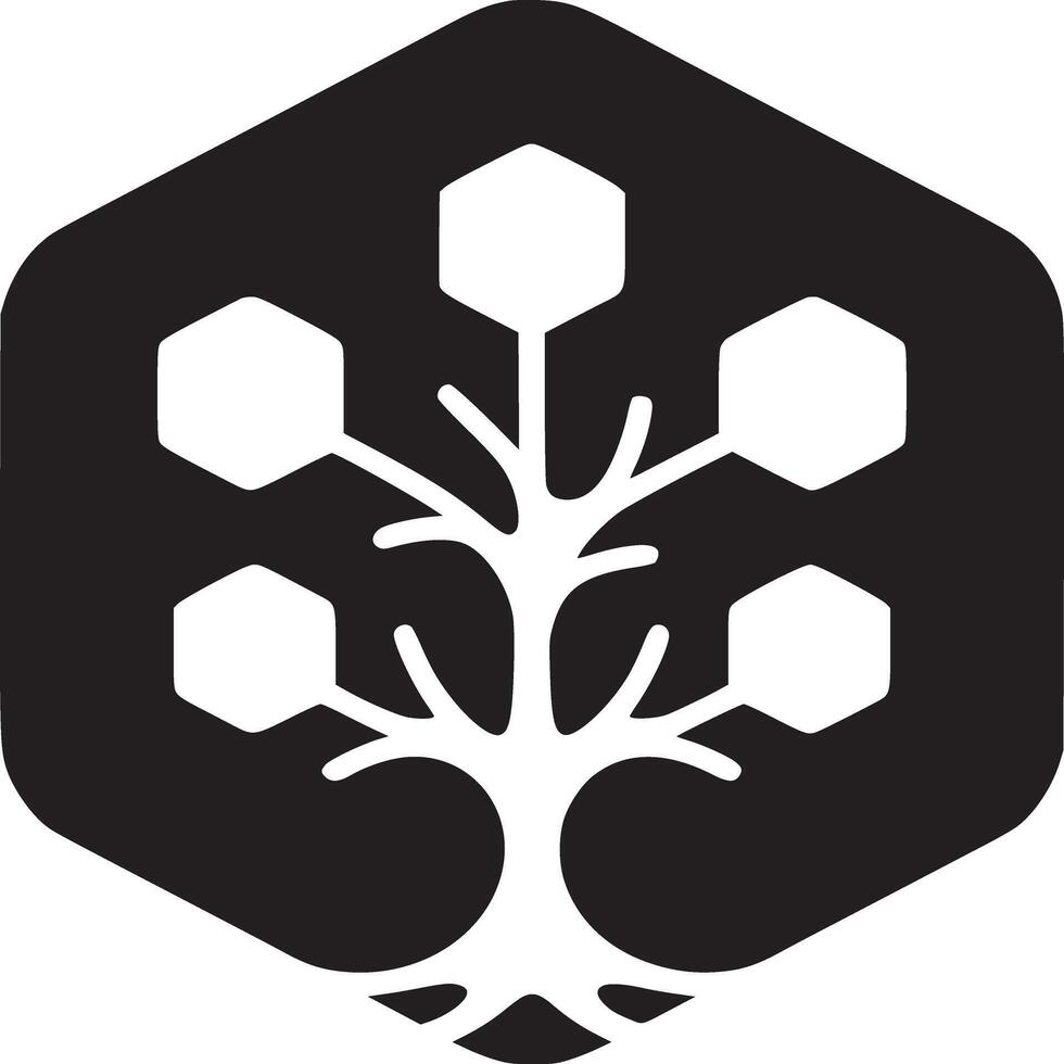 A black hexagon containing a white tree with hexagonal leaves on a white background illustration vector