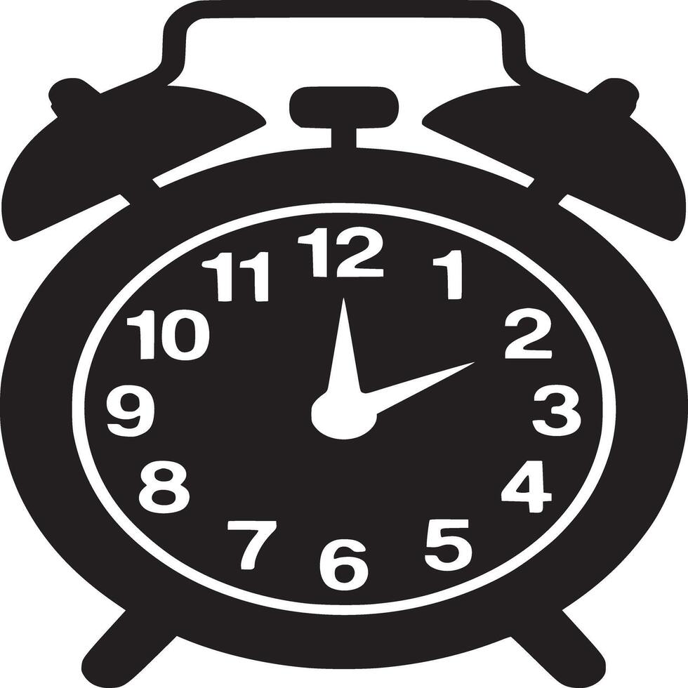 An alarm clock is shown in black and white vector