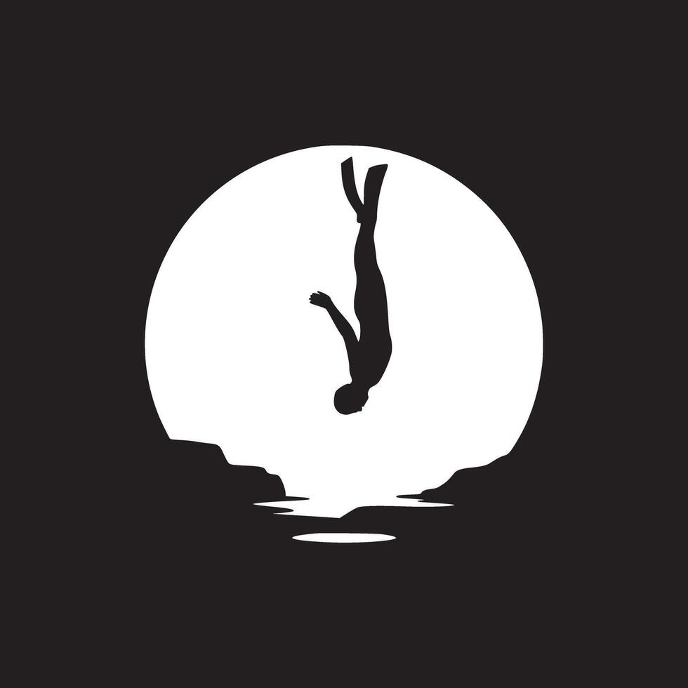 Silhouette of a diver falling into water against a full moon in black and white illustration vector