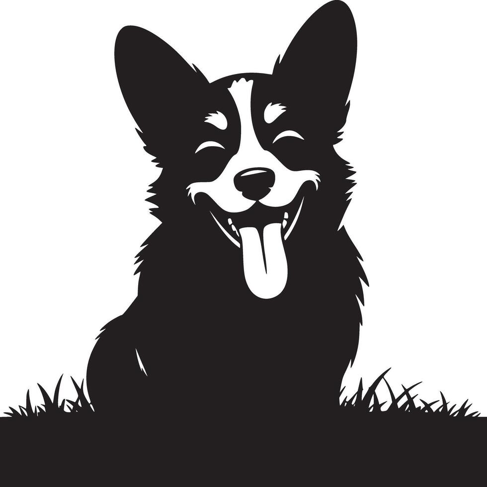Black and white corgi illustration with tongue out and grass in a simple design style vector