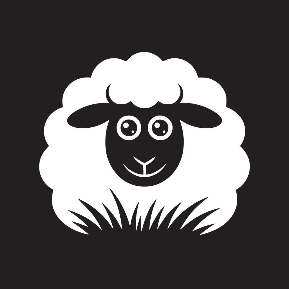 A simple black and white illustration of a sheep with grass on a black background art design vector