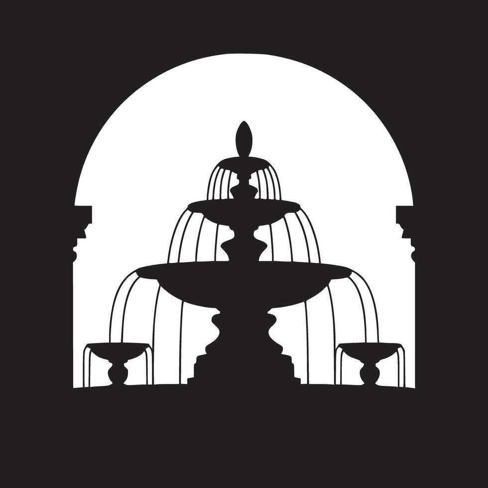 Silhouette of a tiered fountain with water cascading down in front of an arched opening space vector