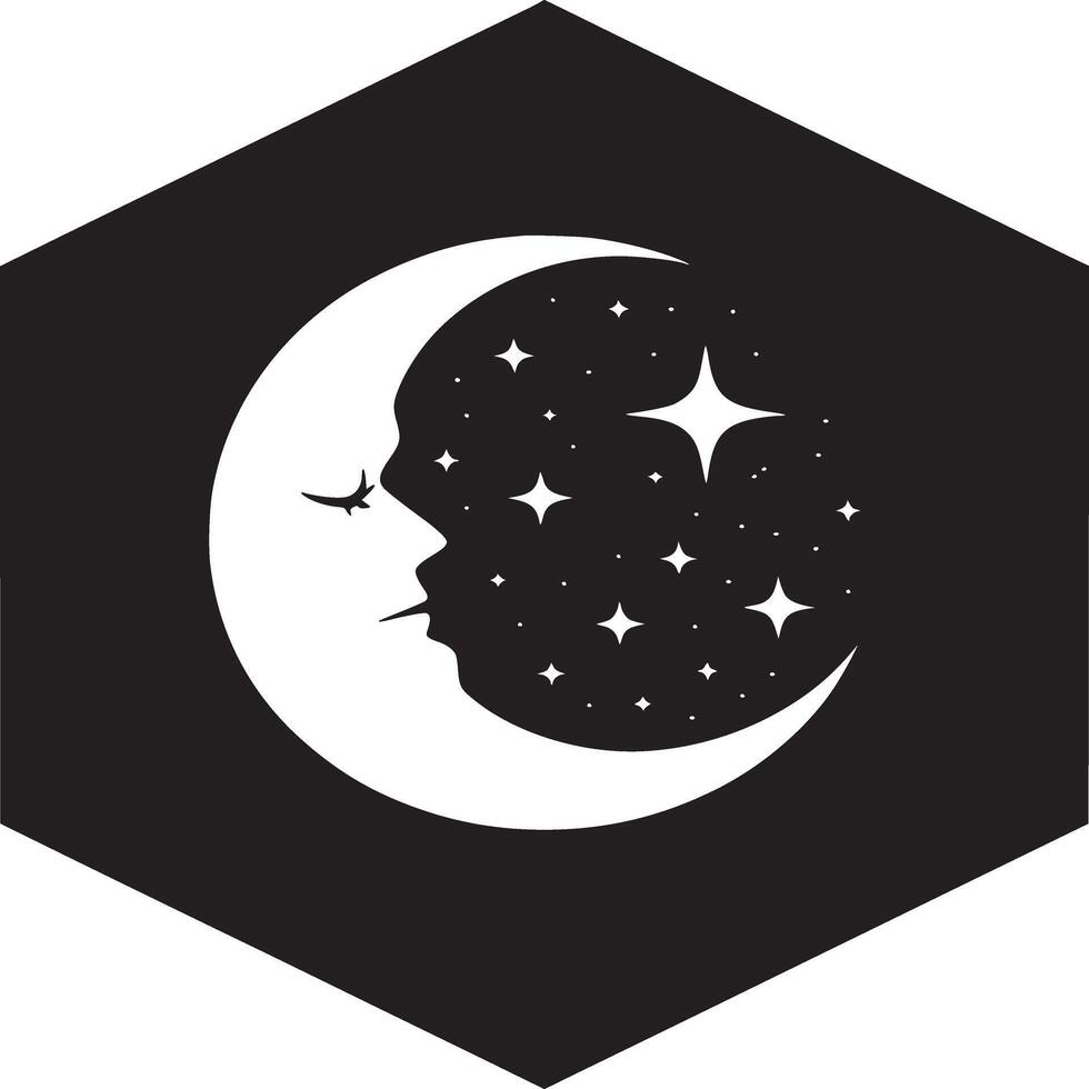 A stylized moon with a face and stars inside, set against a black hexagon background design element vector