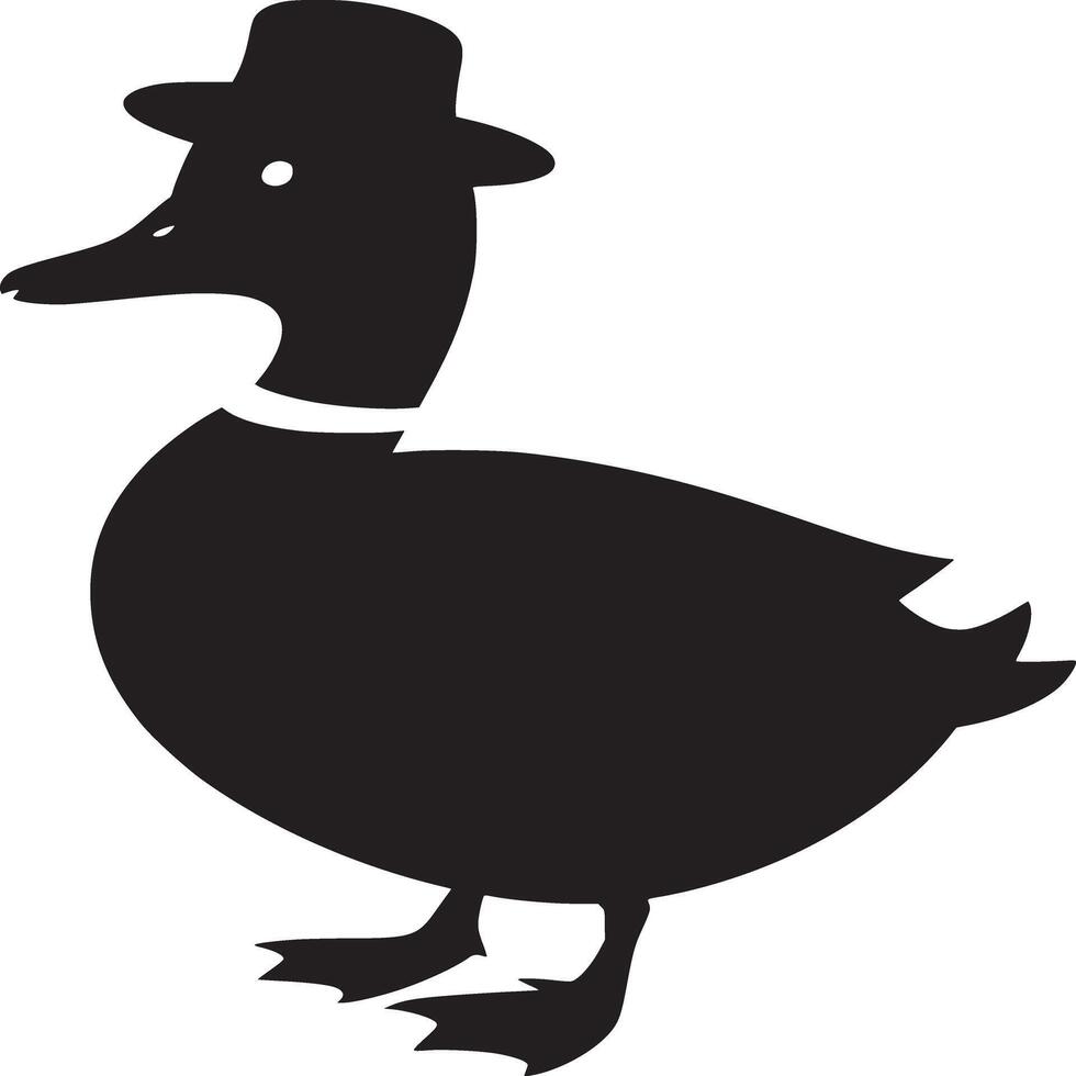 A black silhouette of a duck wearing a hat and a white collar on a white background image art vector