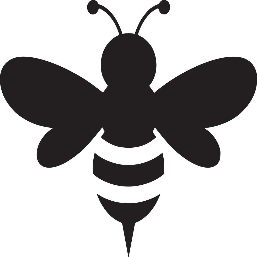 A simple graphic of a black bee with white stripes on a white background in a minimalist style vector