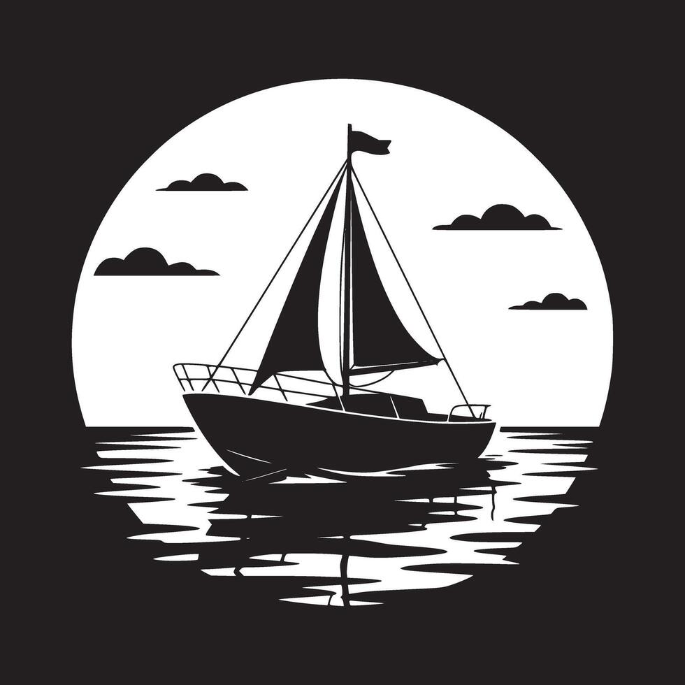 A silhouette of a sailboat with sails up against a white circle with clouds and water reflections vector