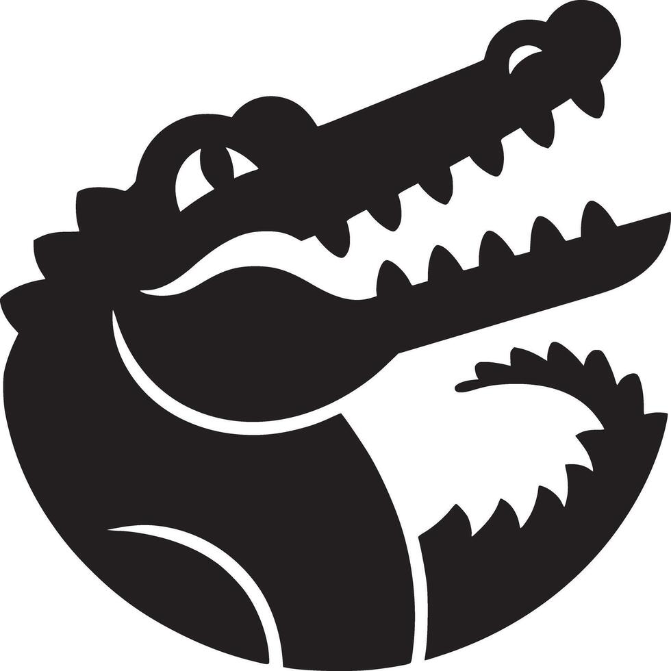 A stylized black silhouette of an alligator with its mouth open and tail curled up on white vector
