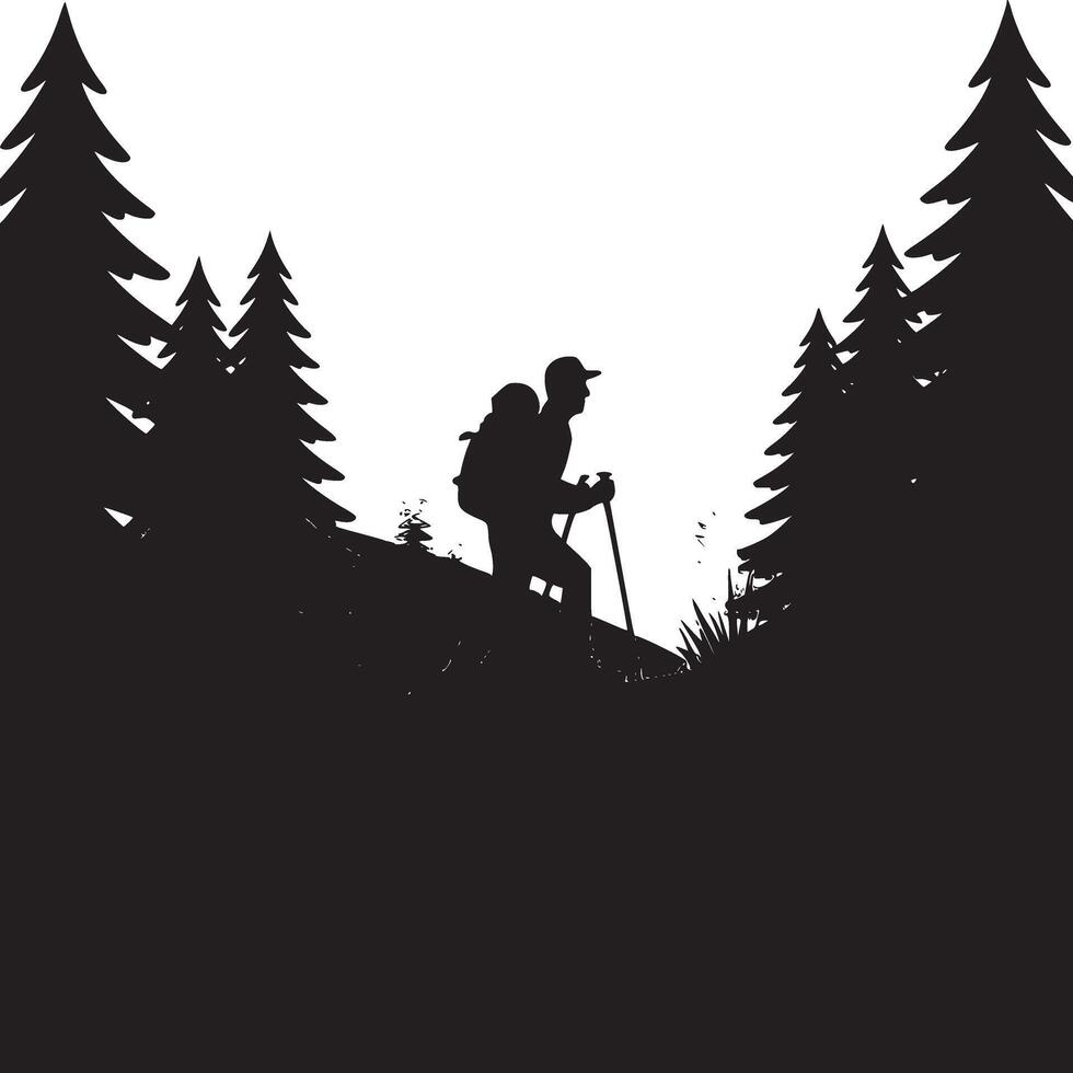 Silhouette of hiker with backpack and poles walking uphill through a forest landscape scene view vector