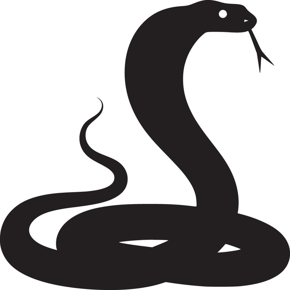 A black silhouette of a cobra snake coiled with its head raised and tongue sticking out on white vector