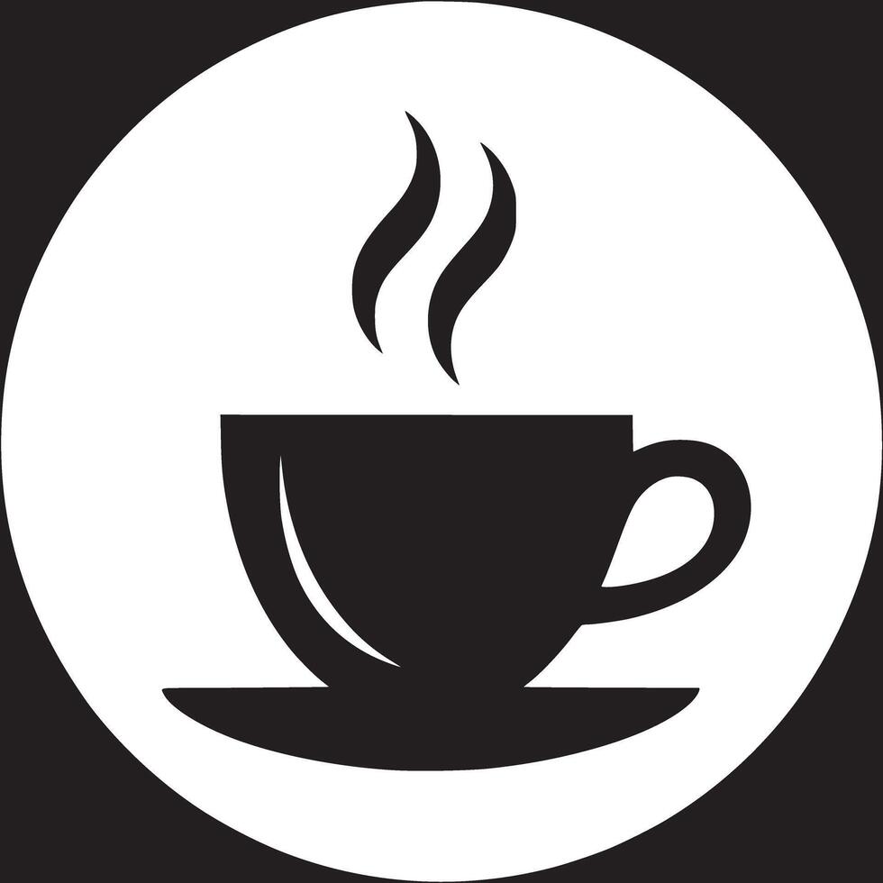 Black and white graphic of a steaming coffee cup on a saucer inside a white circle on black background vector