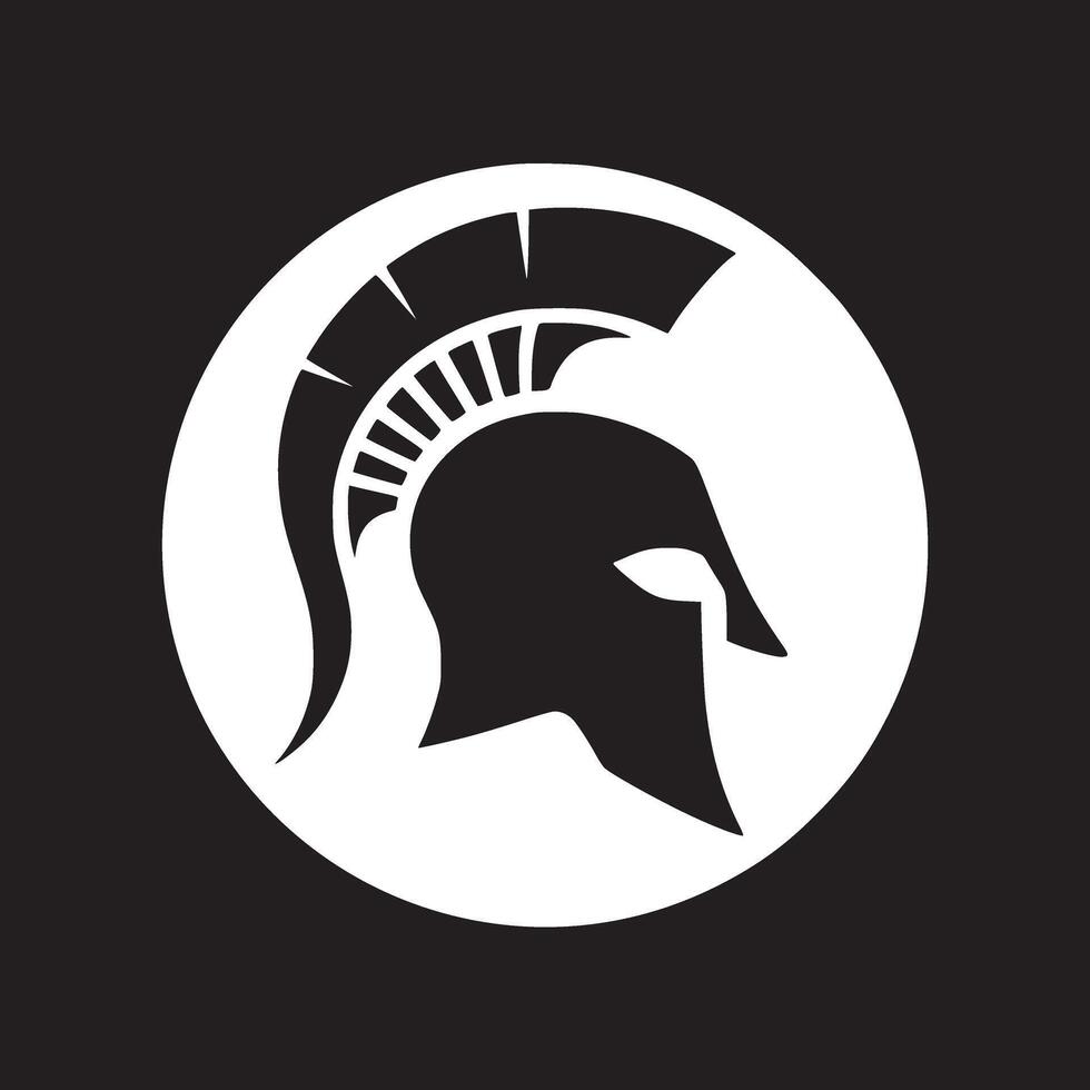 A black and white graphic of a spartan helmet inside a white circle on a black background design vector
