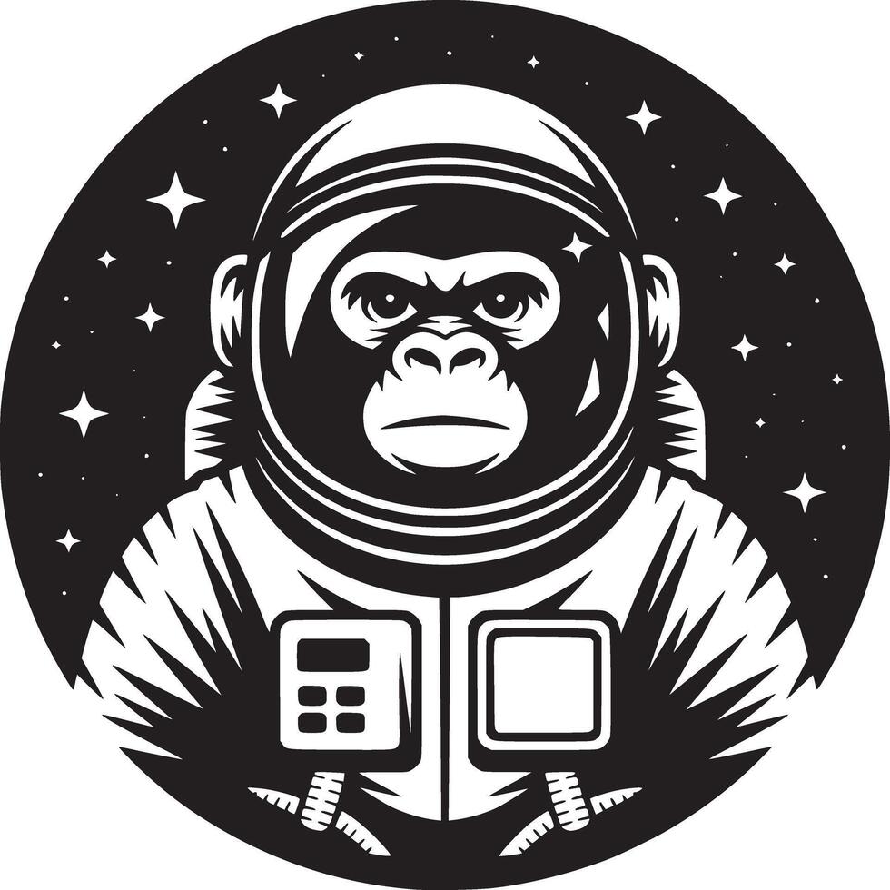 A image of an astronaut gorilla in a space suit against a starry black background circle vector