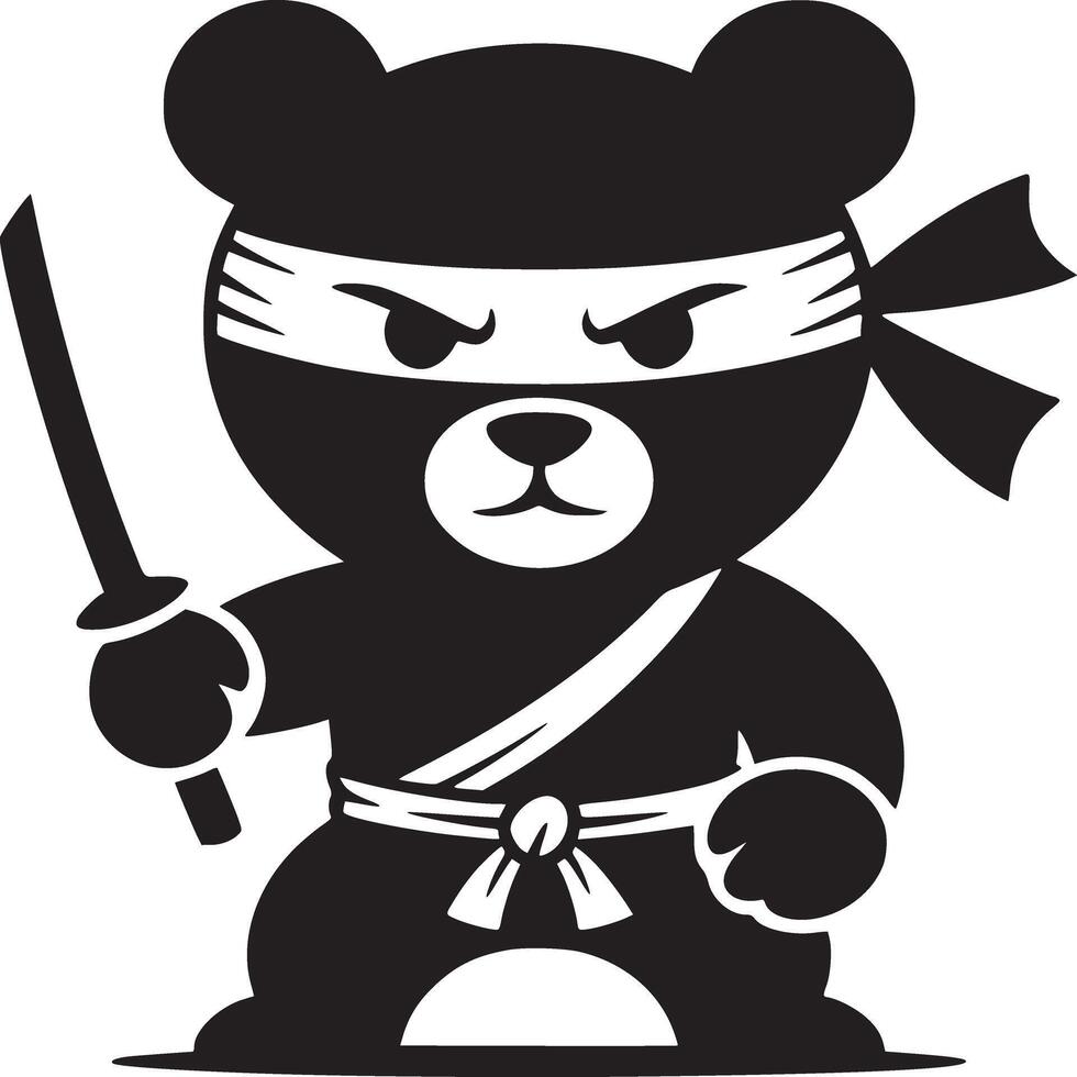 A black and white illustration of a bear dressed as a ninja holding a sword in its hand vector