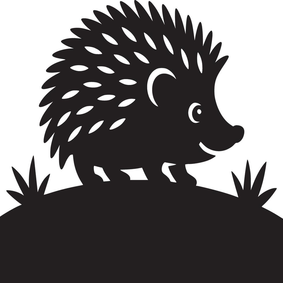 Silhouette of a hedgehog on a hill with grass in black and white minimalistic illustration style vector