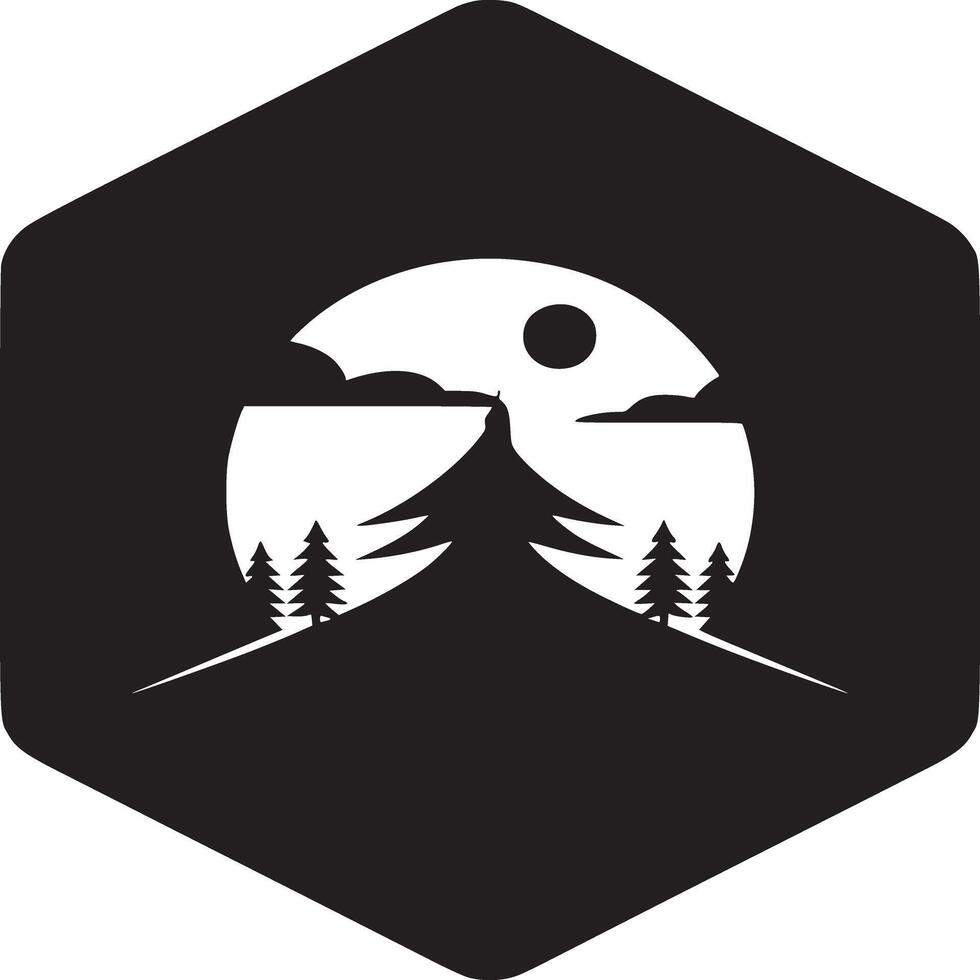 Black hexagon with white moon clouds and trees silhouette on a hill in a minimalist design style vector