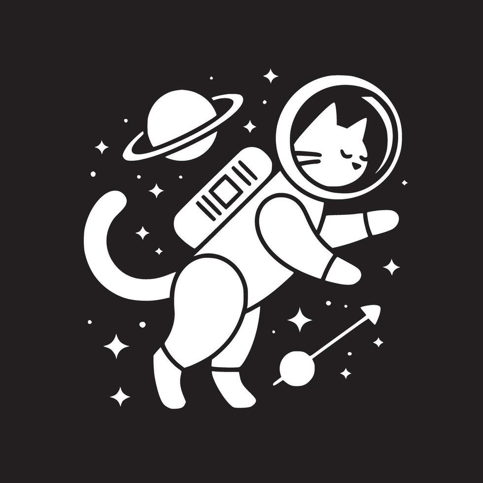 A white cartoon cat in an astronaut suit floating in space with stars and a planet on black background vector