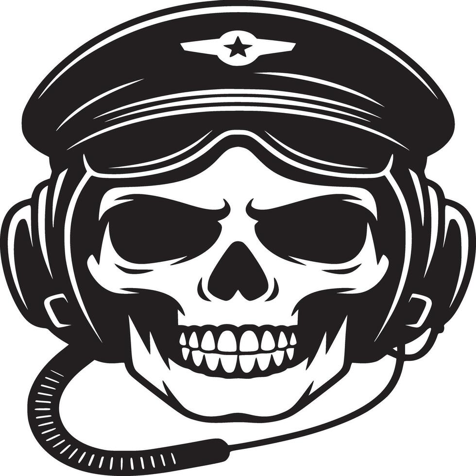 Monochrome skull wearing pilot cap with star and goggles and headset in illustration vector