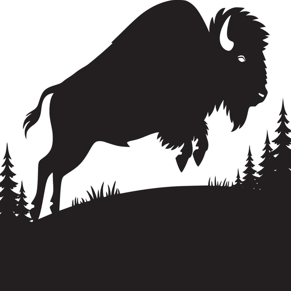 Silhouette of a bison jumping over a hill with grass and trees in a black and white illustration vector