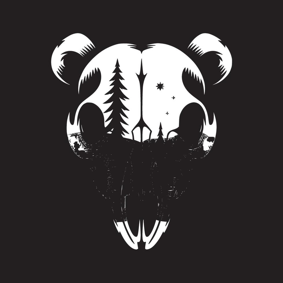 Bear skull with trees and stars on a black background in a stylized digital illustration vector