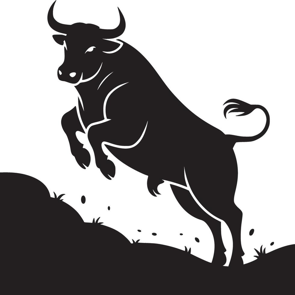 A bold black bull leaping from a dark mound against a stark white background in a graphic style vector