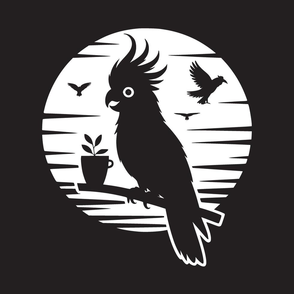 Silhouette of a cockatoo perched on a branch with a cup and birds against a sun background art vector