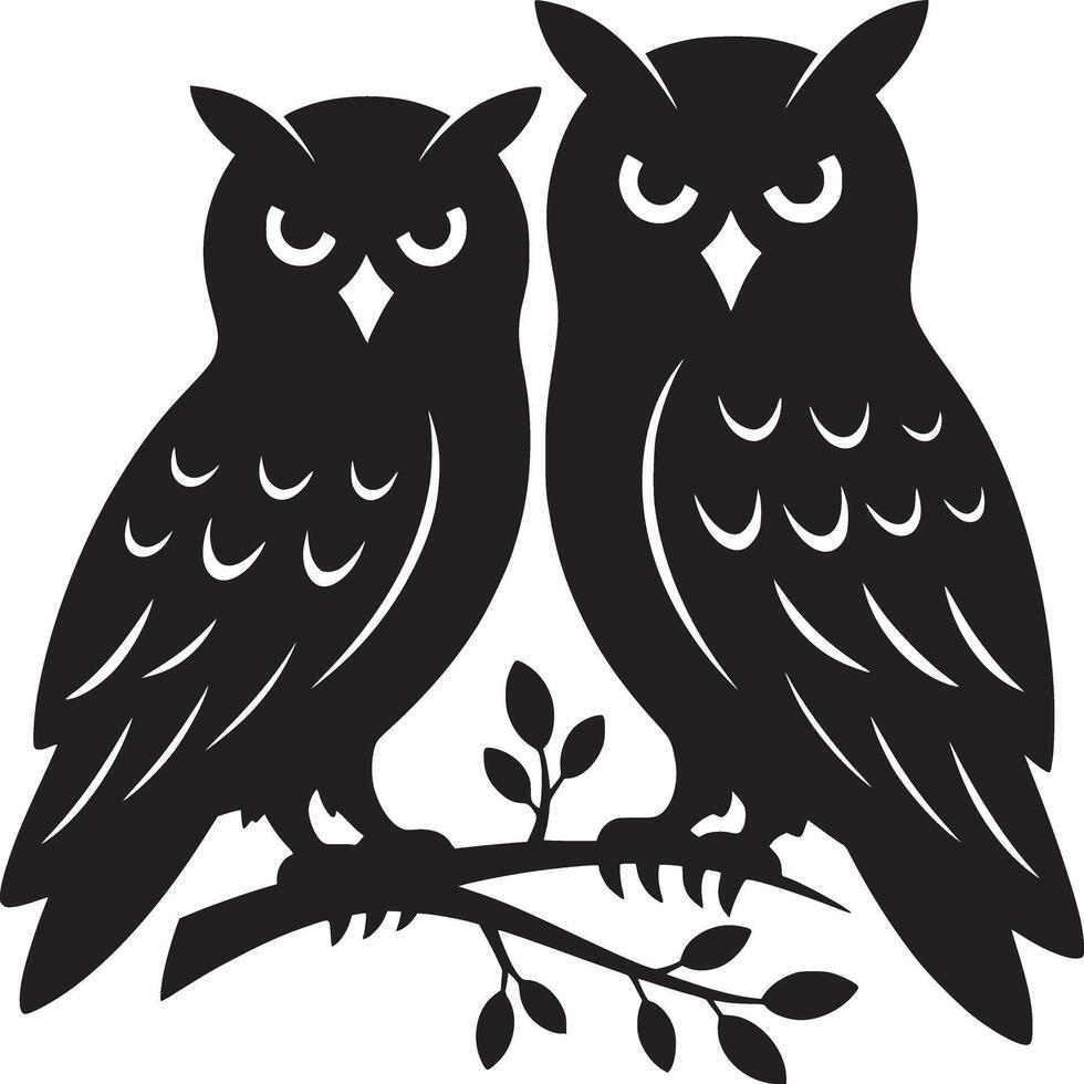Two owls perched on a branch in black silhouette against a white background illustration style vector
