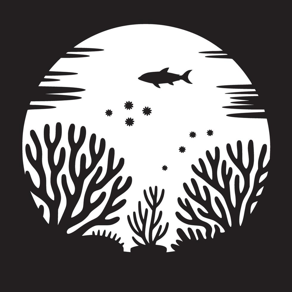 A black and white silhouette of a fish swimming over coral reefs in a circular composition design vector