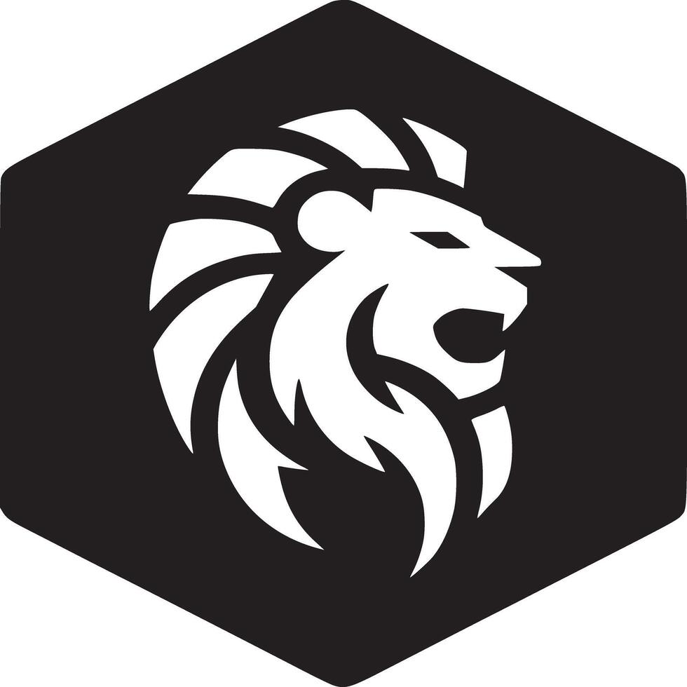 A stylized lion head in white on a black hexagon background, a minimalist logo design concept image vector