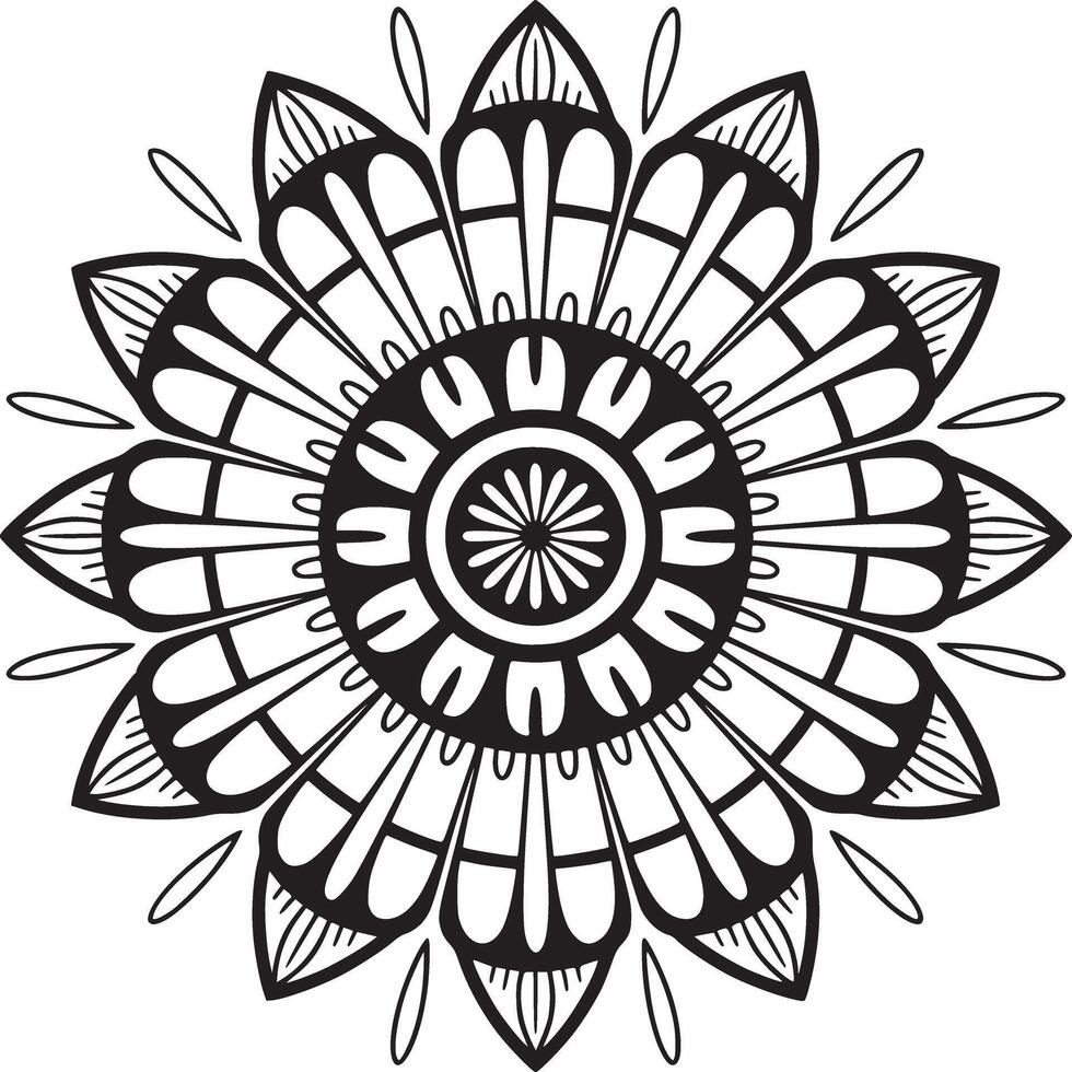 A detailed black and white floral mandala design with intricate petal and circle patterns isolated vector