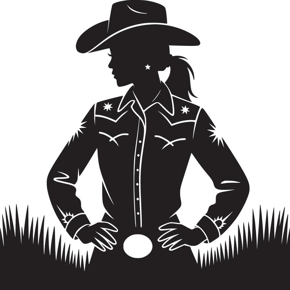 Silhouette of a woman wearing a cowboy hat and shirt with hands on hips in black and white style vector
