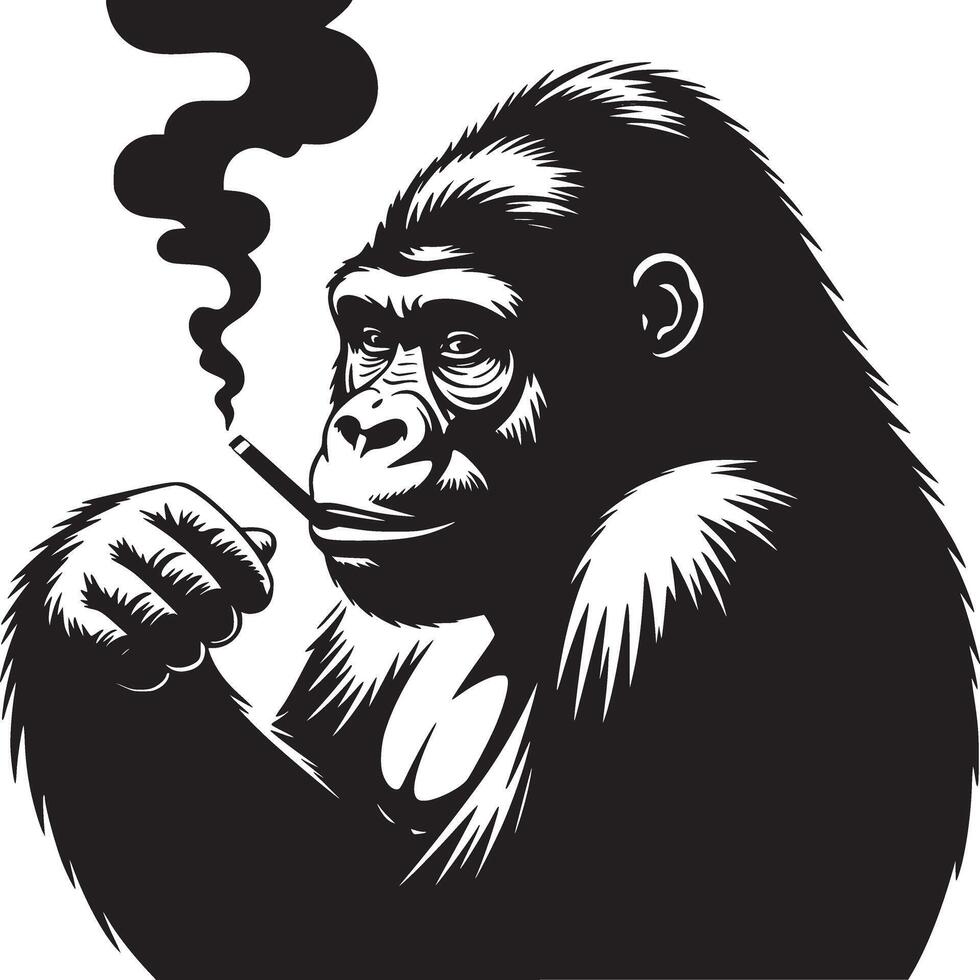 Illustration of a gorilla smoking a cigarette in black and white with a white background vector