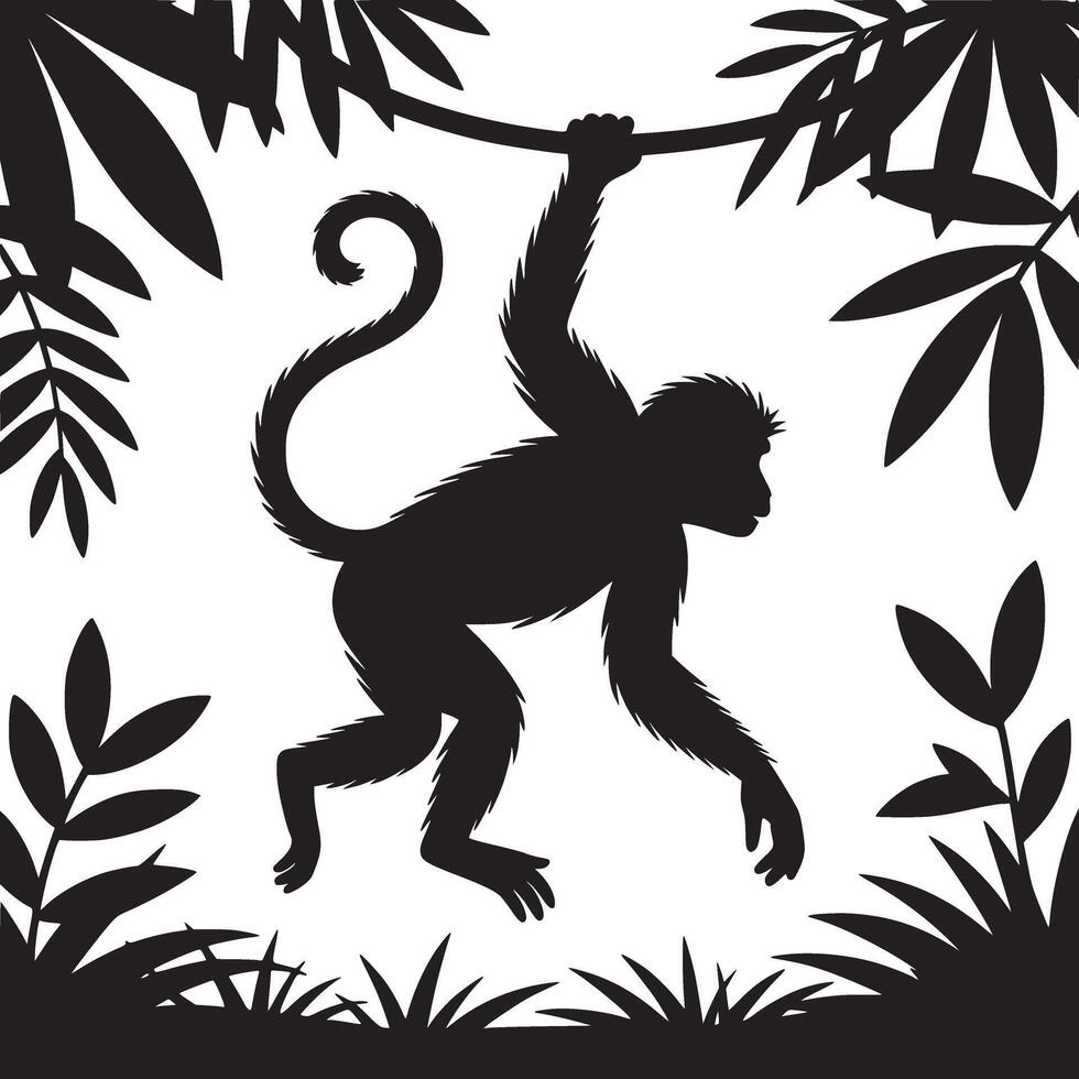 Silhouette of a monkey hanging from a branch surrounded by tropical leaves in black and white style vector