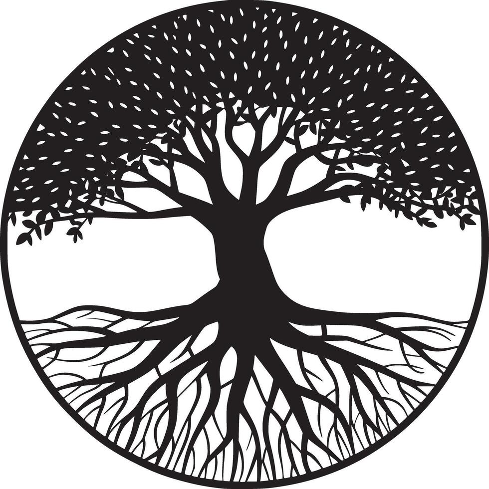 A silhouette of a tree with leaves and roots inside of a circle on a white background art piece vector