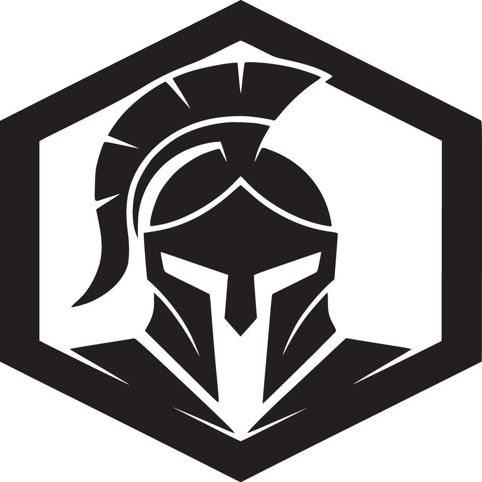 A spartan helmet within a black hexagon outline on a white background in a minimalist style vector