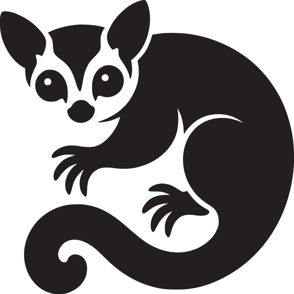 Stylized black and white illustration of a lemur with a curled tail on a white background vector